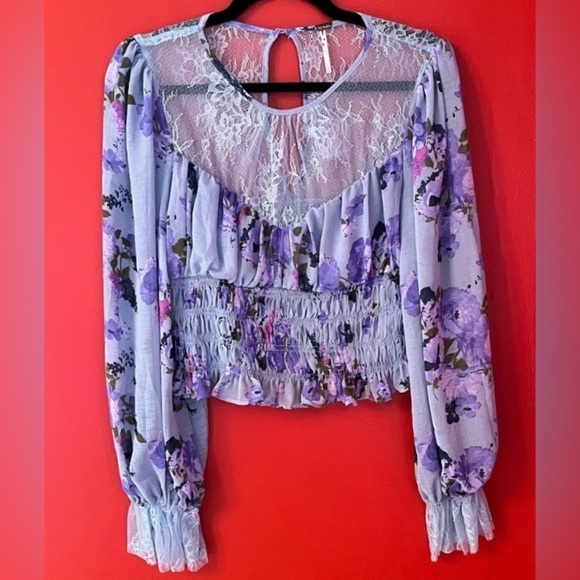 Nwot Free People Daphne Floral Print Lace Sheer Yoke Smocked Hem Blouse Size M - Picture 13 of 14